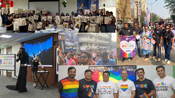 A collage of photos showcasing various Pride-themed events and celebrations. The images include large groups of people holding decorated tote bags with rainbow designs in an indoor workshop setting; participants standing together outdoors during Pride marches carrying rainbow flags.